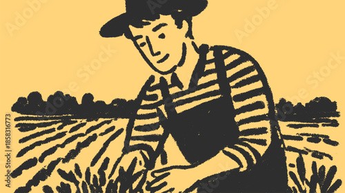 Farmer working in the field. Simple black and yellow vector illustration focusing on agriculture and cultivation in a rural environment.