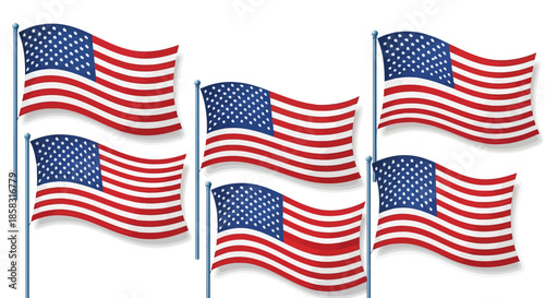Five american flags waving in the wind on a