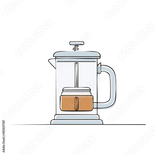 Minimalist French Press Coffee Maker Illustration:  A simple, outlined drawing of a transparent french press coffee maker with brown coffee sediment at the bottom.