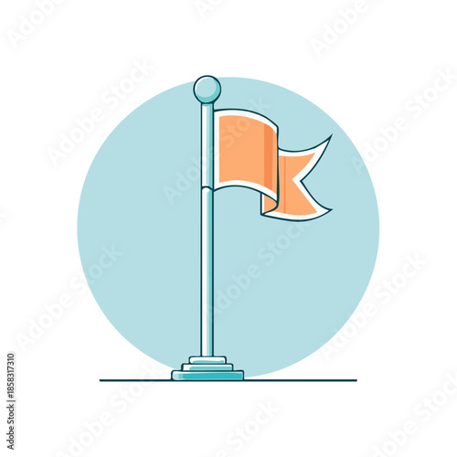 Minimalist Orange Flag Waving on a Silver Pole with a Pale Blue Circular Backdrop: A Simple Icon