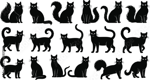 Black cat silhouettes collection, cute feline poses, sitting walking playful cats, animal icons set, spooky halloween style, isolated white background