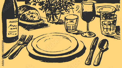 Dinner table set with plates, cutlery, and a wine bottle. Simple black and white stroke illustration featuring a cozy dining atmosphere in vector style.