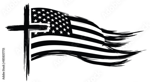Black and white illustration of an american flag with a cross symbolizing faith and patriotism