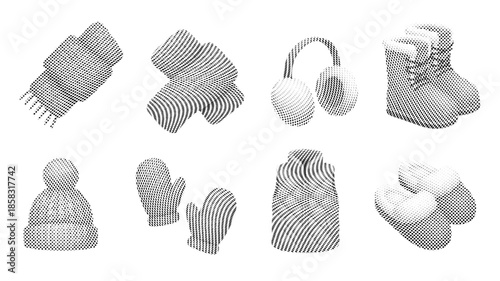 Halftone Winter Clothing Accessories Set | Stylish Halftone Collection of Winter Gear | Halftone Styles Essential Winter Clothing Items | Unique Halftone Illustrations of Winter Accessories