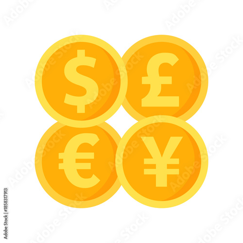 Foreign currency coins. Dollar, euro, yen and pound. Financial, banking, exchange, commerce concepts. Flat vector design isolated illustration.