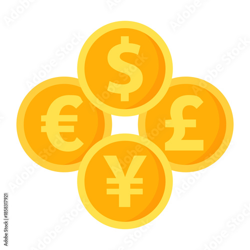 Foreign currency coins. Dollar, euro, yen and pound. Financial, banking, exchange, commerce concepts. Flat vector design isolated illustration.