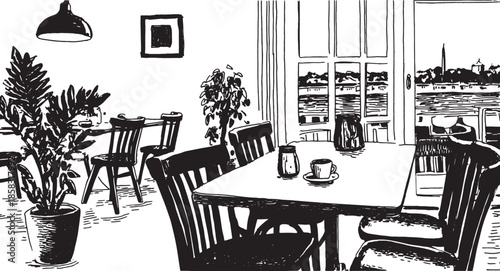 Room with a table and chairs. Simple black and white vector illustration features a plant and a scenic view.