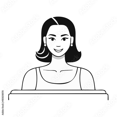 Elegant Woman Portrait. Female with Bob Haircut and Tank Top in Line Art Illustration.