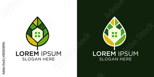 Eco friendly leaf logo designs with house icons for sustainable businesses