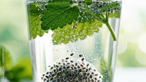 Preparing a Chia Seed and Mint Infused Drink in Clear Glass