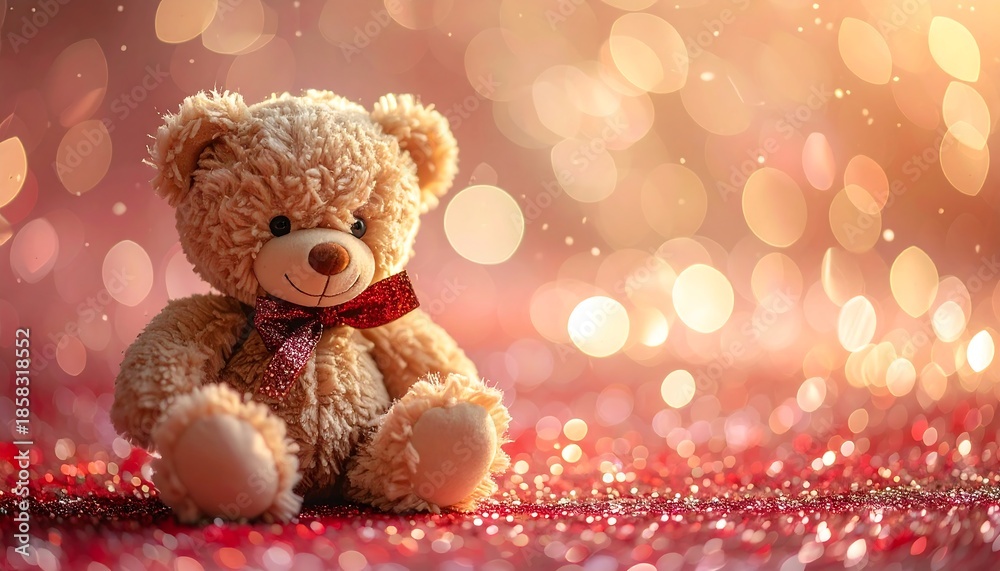 custom made wallpaper toronto digitalA fluffy, tan-colored stuffed animal with a red bow sits on a glittery surface, framed by soft, golden bokeh lights