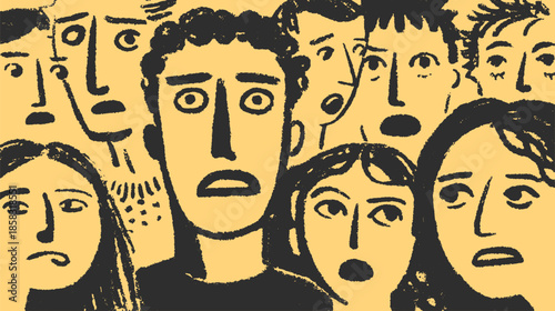 Fearful expressions on a crowd's faces. Simple vector illustration highlighting anxiety and distress in an expressive art style.