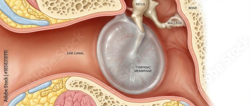 eardrum close-up medical illustration showing detailed anatomy with translucent membrane and surrounding ear canal structures on a clean white background for precise educational use