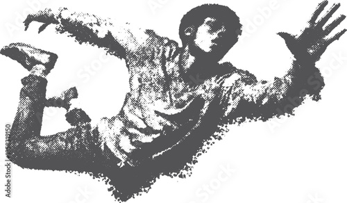 A jumping person in black and white vector illustration. Dynamic flat graphic art highlighting motion and action.