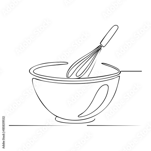 Continuous Line Art of Bowl and Whisk Kitchen Utensils Minimalist Drawing