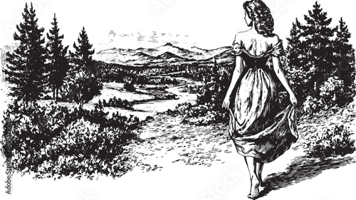 Vintage illustration of a woman walking through nature in a dress against a scenic black and white landscape vector illustration.