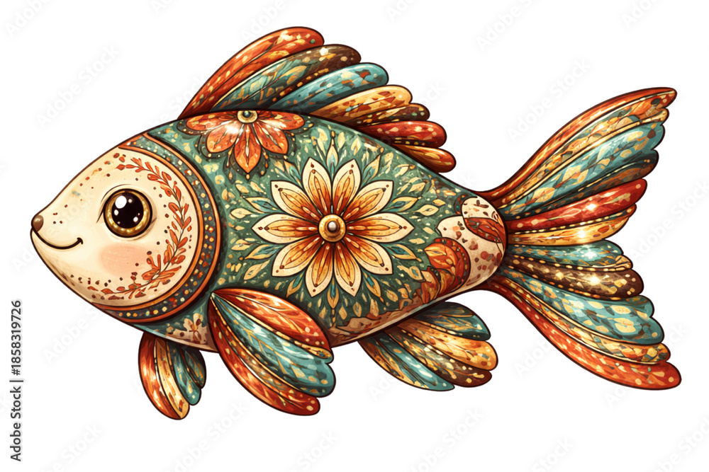 Fototapeta premium Whimsical Folk Art Fish Design Decorated With Dots
