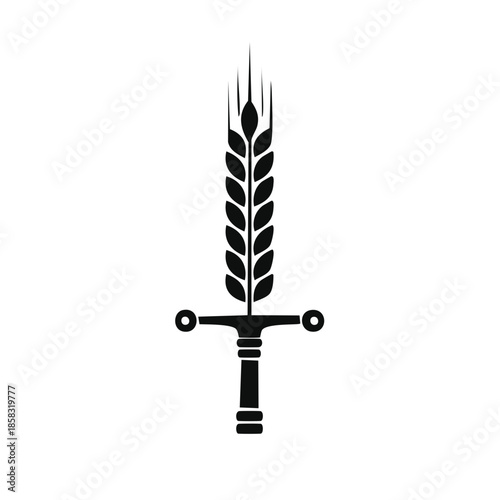 Ear of wheat forms the blade of a sword on a white background. Concept of protection and agriculture.