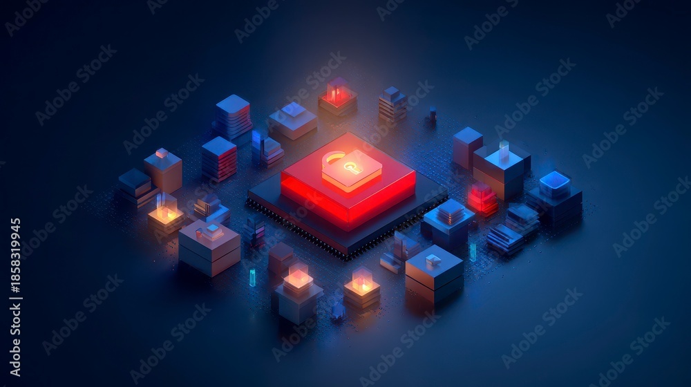 Obraz premium Isometric rendered depiction of a glowing red open padlock on a motherboard, surrounded by cubed components with ambient blue and orange light