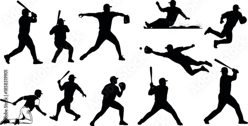 Collection of Baseball Player Silhouettes Featuring Professional Athletes Batting Pitching Catching Sliding and Running in Various Dynamic Action Sports Poses