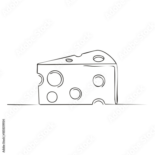 Simple line drawing of a wedge of swiss cheese with holes, minimalist line art food illustration