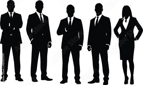 Business professionals silhouettes standing confidently in formal suits, corporate men and woman vector illustration isolated on white background