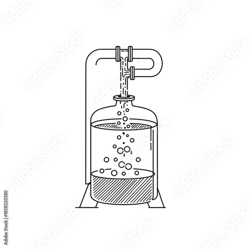 A minimalist line art illustration shows liquid flowing from a pipe into a glass flask, creating effervescent bubbles, representing a scientific fluid transfer.