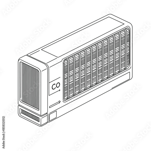 This clean isometric line drawing depicts a sophisticated outdoor air conditioning system, emphasizing its ventilation components for optimal temperature regulation.