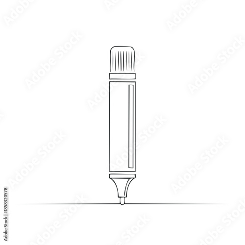 Single line drawing of marker pen standing upright on the table for emphasis on text or design works in minimalist art concept