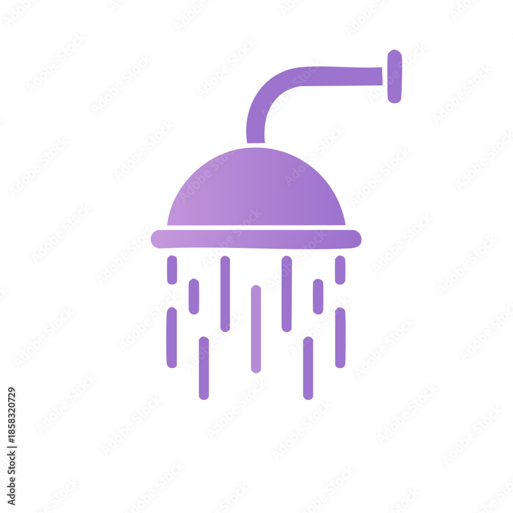 Fototapeta premium Shower head with flowing water depicted in a purple gradient on clean white, simple flat icon style