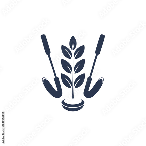 Botanical planting with spades and plant in pot for gardening and cultivation in a stylized graphic icon symbol
