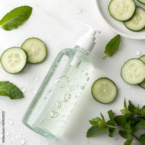 Transparent gel face wash with cucumber slices, refreshing clarity.