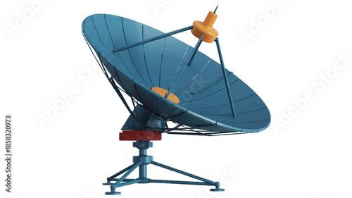 A 3D rendered illustration of a large satellite dish antenna against a white background. 