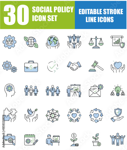 Social Policy and Government Services Line Icons Set, Editable Stroke Vector Illustration of Welfare, Society, Healthcare, Education, Reform, Legislation, Law and Public Service