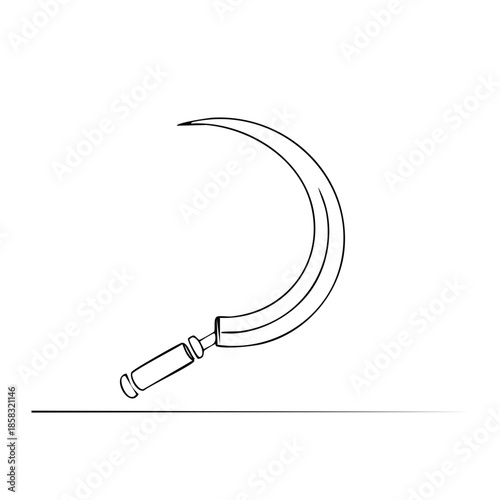 Minimalist Line Drawing of a Sickle with Wooden Handle Leaning on a Flat Surface, Farming Equipment
