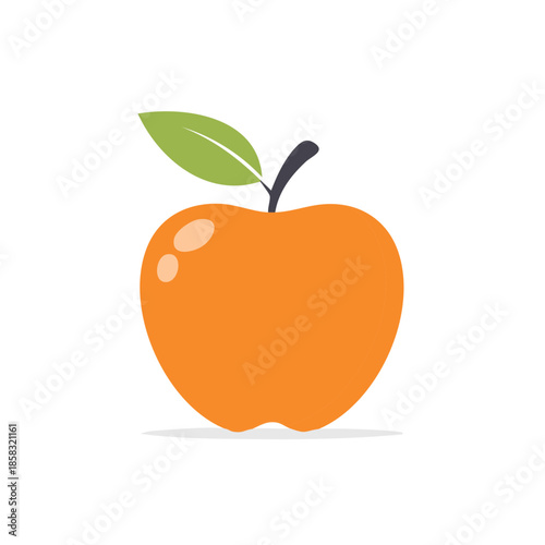 Illustration of a Single Orange Colored Apple with Green Leaf on a White Background