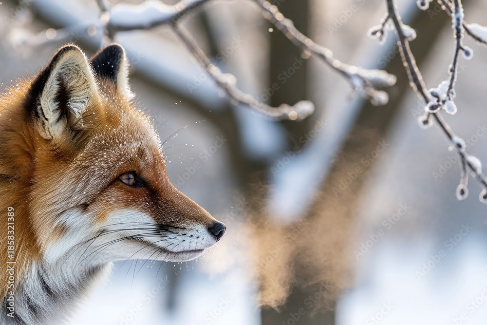 Fototapeta premium Majestic red fox with frosty breath in winter landscape