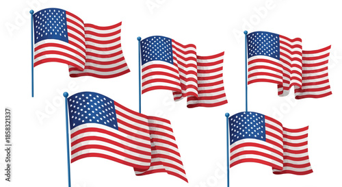 Five waving american flags on blue poles isolated on
