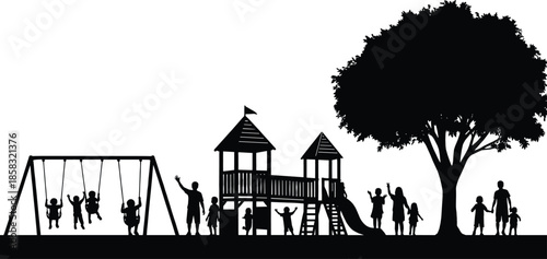 Silhouette of children playing on outdoor playground with swings and slides, happy family at park under large tree, summer recreation and childhood 