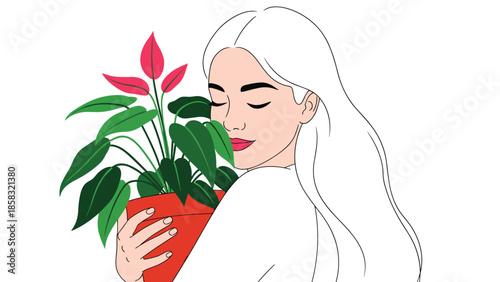 Young girl with long white hair closing her eyes and tenderly hugging a potted houseplant with red flowers against a clean white background.