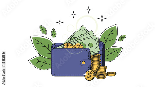 Blue leather wallet overflowing with dollar bills and stacks of gold coins surrounded by fresh green leaves symbolizing financial growth.