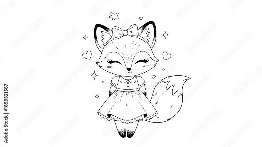 Obraz premium Cute cartoon fox character wearing a pretty dress and a bow with hearts and stars in a black and white line art coloring page style.