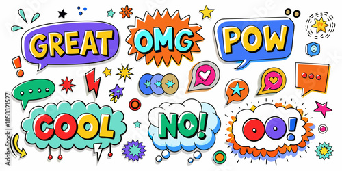 Colorful comic speech bubbles and starbursts expressing excitement and surprise