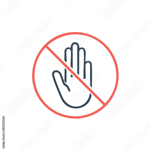 No entry sign with hand silhouette and red prohibition circle Warning notice or caution symbol simple vector artwork