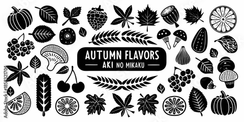 A collection of autumn harvest elements fruits leaves and vegetables