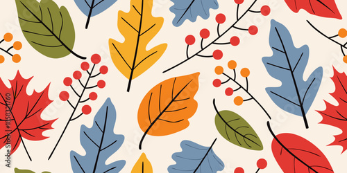 Stylized autumn leaves and berry branches on a neutral background