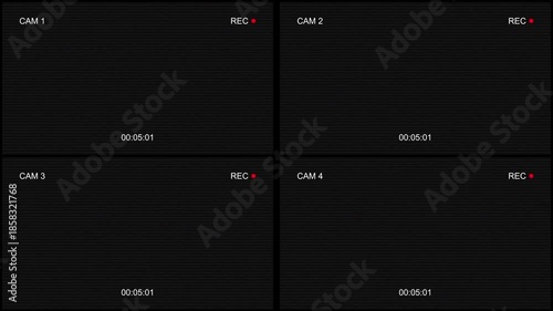 Cctv security camera four screen overlay interface with recording indicator and digital noise, ideal for crime thrillers, security concepts, and suspenseful cinematic projects. 4K video