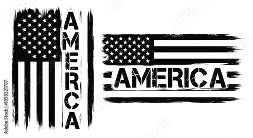 Black and white american flag design with the word america written vertically and horizontally