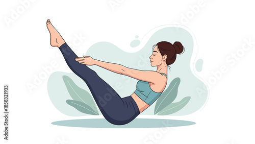Young woman with hair in a bun performing a yoga boat pose for fitness and core strength on a soft green background with leaves.