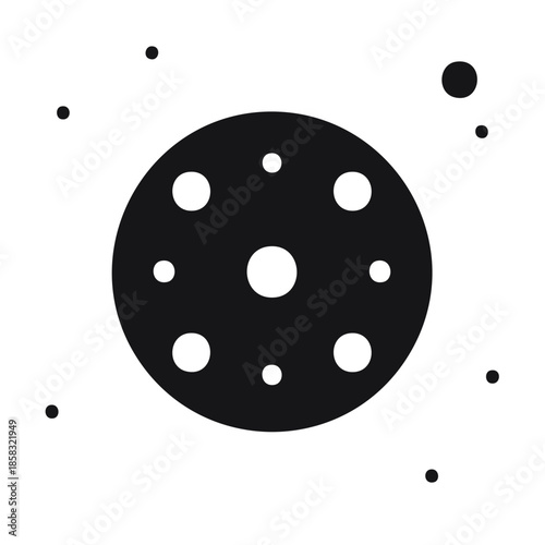 Minimalist Illustration of Planet with Craters Surrounded by Stars on White Background